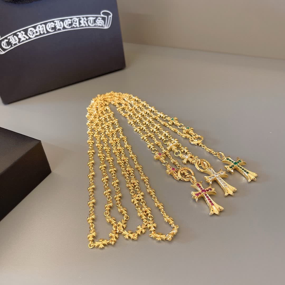 Chrome Hearts Gold Star Chain with Cross Pendants